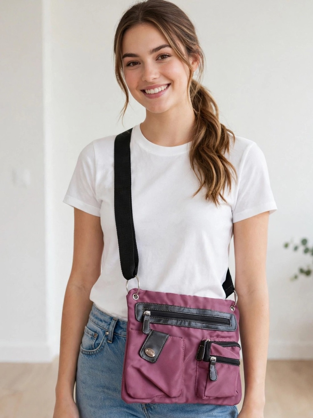 Roots Mauve Nylon Crossbody Bag